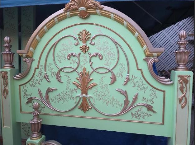 Custom Order Option: Alternative Version Antique French Style Mint Leaves-Themed Art Upcycled Vintage Bedroom Furniture- Bedframe Set