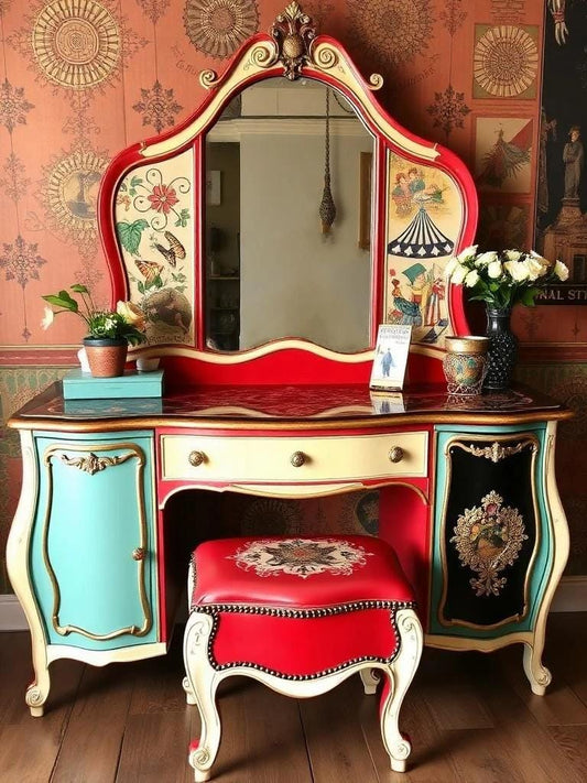 Custom Order Option: Upcycled Antique Retro Carnival Circus Art Vanity w/Mirror Make-Up Vintage Home Salon Decor Dressing Table Boudoir