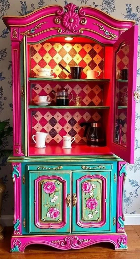 Custom Order Option: Antique Upcycled Armoire Coffee Hutch Tea Nook Beverage Bar Java Station Storage Dining Room Cabinet - Neons
