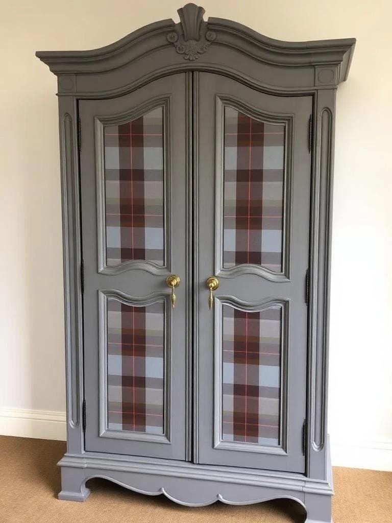 Gray cabinet with plaid glass doors on a beige floor and wall. Upcycled Antique Sassenach Plaid Wardrobe Armoire \| La Vie Nouveau Décor Shoppe