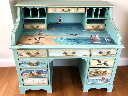 Custom Order Option: Antique Rolltop Writer's Desk Retro Beach Lighthouse-Themed Art Upcycled Vintage Receptionist Home Study Office Decor