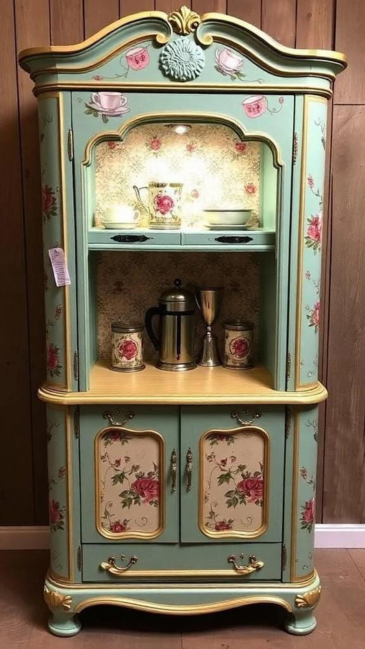 Custom Order Option: Antique Upcycled Armoire Coffee Hutch Tea Nook Beverage Bar Java Station Storage Dining Room Cabinet -Baby Blue & Roses
