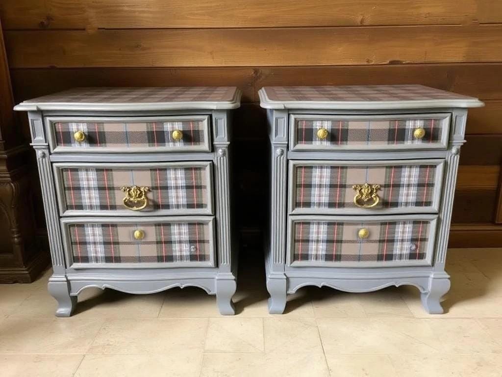 Pair of gray nightstands with plaid drawer fronts against a wooden wall. Upcycled Antique Sassenach Plaid Nightstands \| La Vie Nouveau Décor Shoppe