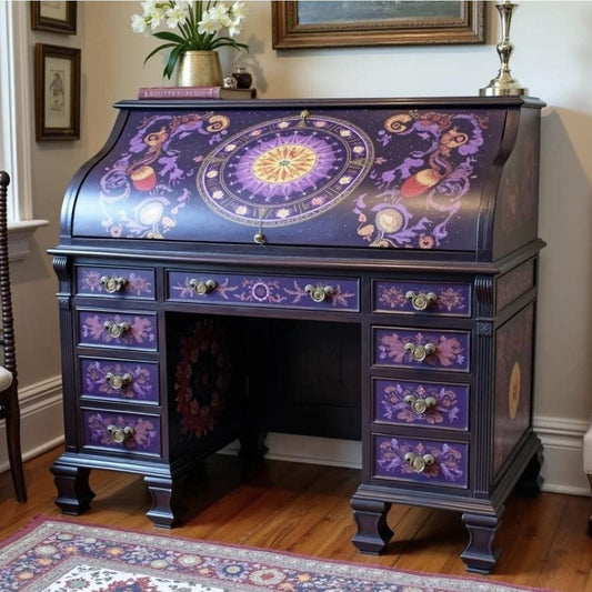 Custom Order Option: Antique Rolltop Writer's Desk Purple Theme Astrology Reader Retro Receptionist Art Vintage Home Study Office Decor