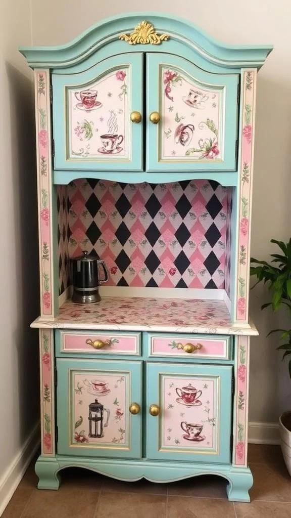 Custom Order Option: Antique Upcycled Armoire Coffee Hutch Tea Nook Beverage Bar Java Station Storage Dining Room Cabinet - Pink & Blues