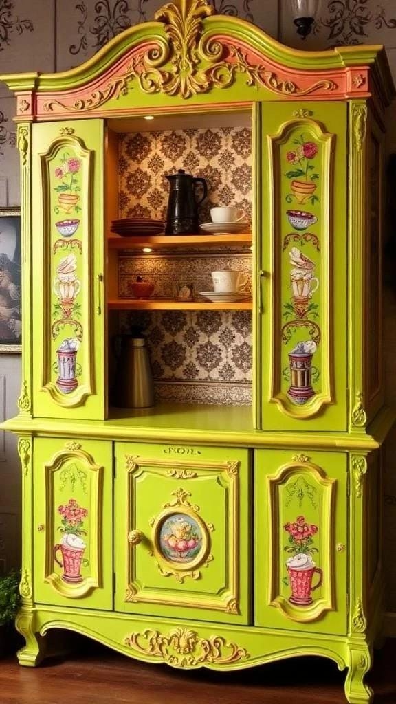 Custom Order Option: Antique Upcycled Armoire Coffee Hutch Tea Nook Beverage Bar Java Station Storage Dining Room Cabinet - Neons