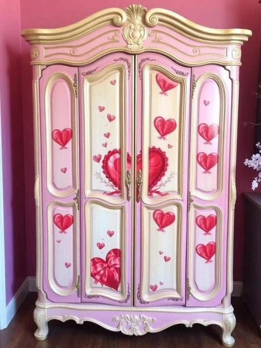 Custom Order Option: Upcycled Antique Pink Hearts-Themed Vintage Bedroom Furniture Set- Wardrobe Armoire Retro Home Decor
