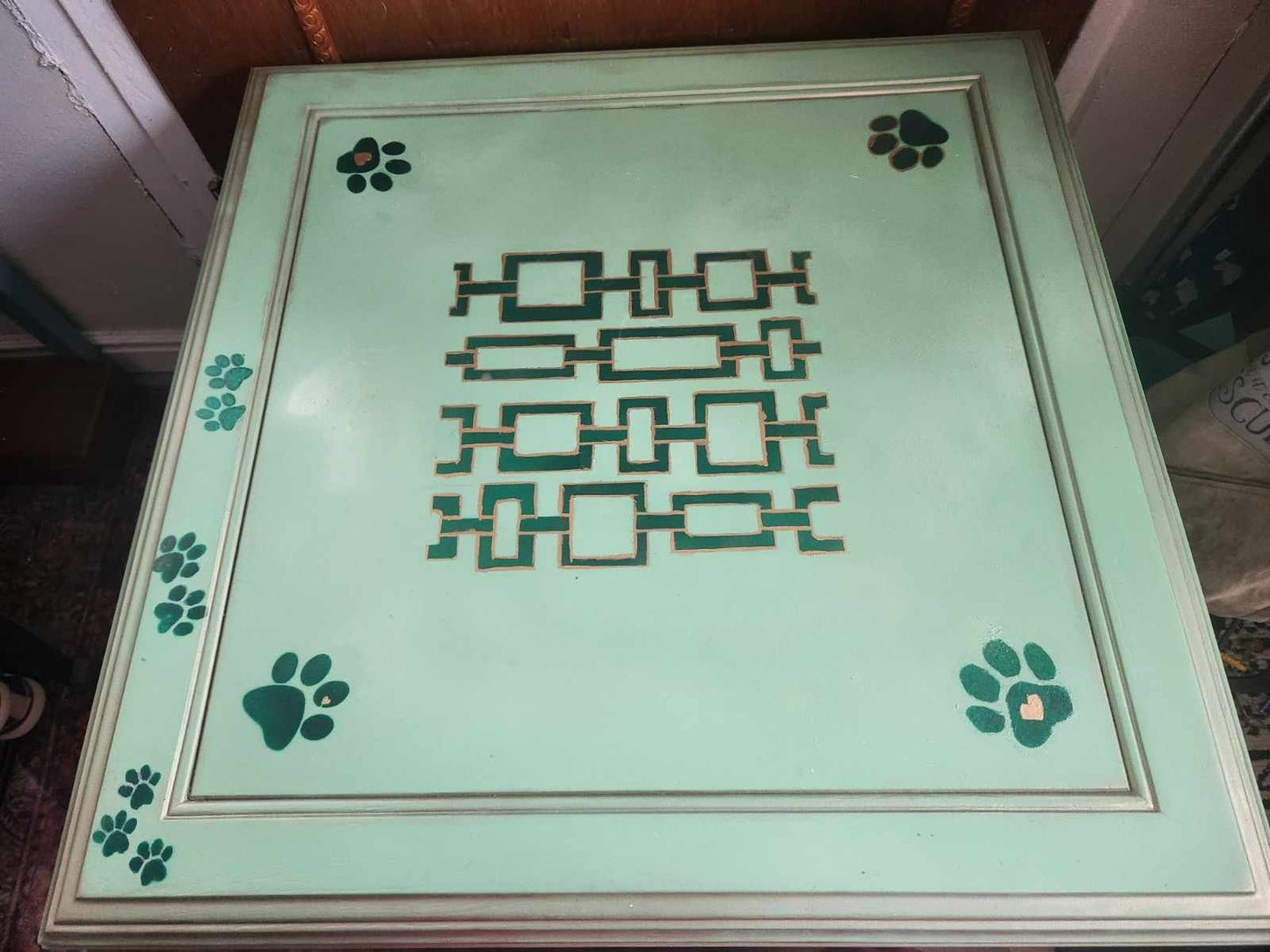 custom order option: Delightful Dog House Den, End-Side Table, Green Vines & Curtains, Pup Graffiti Art, S-M Sized Dogs, Unique Hand-Painted
