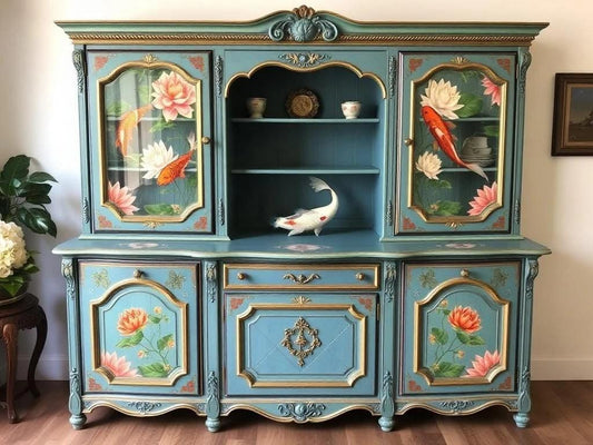 Custom Order Option: Upcycled Antique Blue Lotus Flower & Koi Fish-Theme Vintage Furniture Set- Buffet China Hutch Dining Room Home Decor