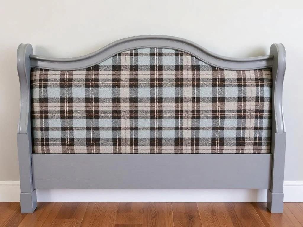 Plaid headboard with gray frame on a wooden floor against a white wall. Upcycled Antique Sassenach Plaid Bedframe \| La Vie Nouveau Décor Shoppe