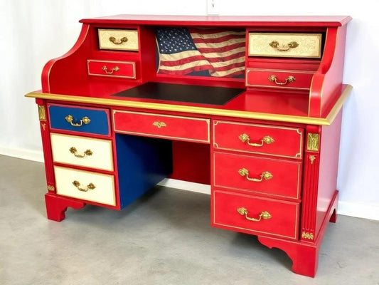 Custom Order Option: Antique Roll-Top Writer's Desk Retro World Flags Country Art, Vintage Home Office Decor Receptionist, Patriotism
