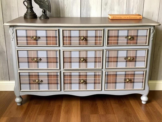 Custom Order Option: Upcycled Antique Sassenach Plaid-Themed Art Vintage Bedroom Furniture Set- Wide Dresser Scottish Highlands Clan Tartan
