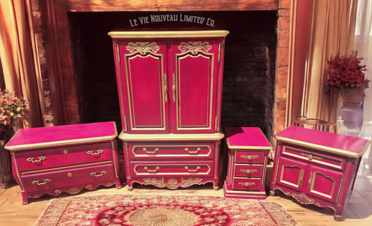 Vintage Hand Painted Gold Fuchsia French Provincial Armoire 4-Piece Set Custom Upcycled Bedroom Furniture Decor Hickory Manufacturing Co