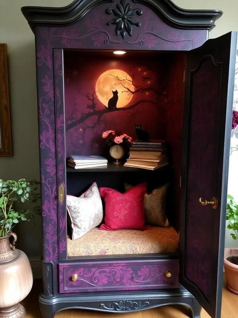 Decorative cabinet with a purple interior featuring a cat, moon, and books. Decorative wooden cabinet with open doors, featuring artistic designs and cushions. Upcycled Antique Witchy Cat Moon Armoire Reading Nook \| La Vie Nouveau Décor Shoppe