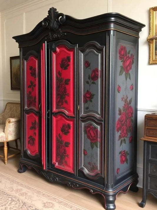 Custom Order Option: Upcycled Antique Retro Dark Gothic Rose-Themed Vintage Bedroom Furniture Set- Wardrobe Armoire Home Decor Dark Academia