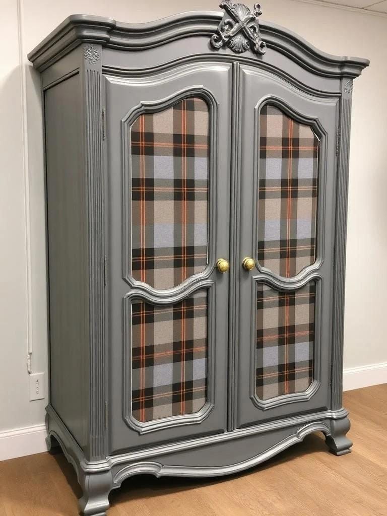 Gray wardrobe with plaid patterned glass doors on a wooden floor. Upcycled Antique Sassenach Plaid Wardrobe Armoire \| La Vie Nouveau Décor Shoppe