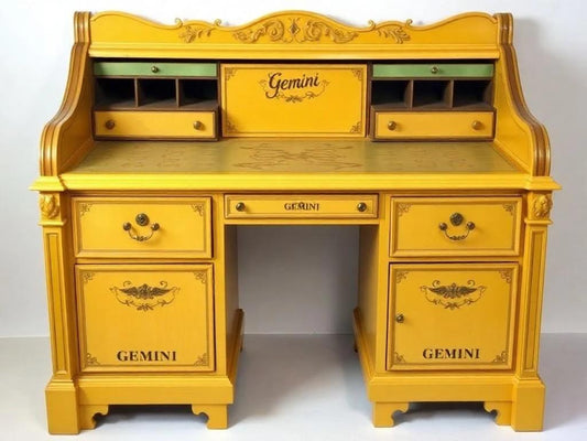 Custom Order Option: Antique Roll-Top Writers Desk Astrology Zodiac Sign Gemini Color Art Retro Receptionist Vintage Home Study Office Decor