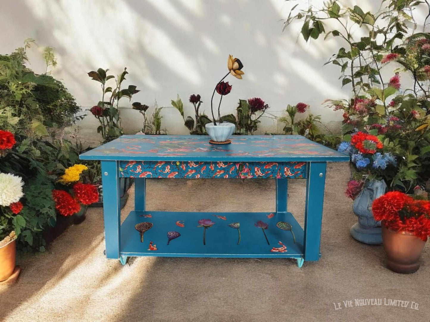 Custom Order Option: Floating Lotus & Koi Coffee Table Book Shelf, Vibrant Blue-Green Color, Metallic-Aqua Edge Upcycled Furniture Art