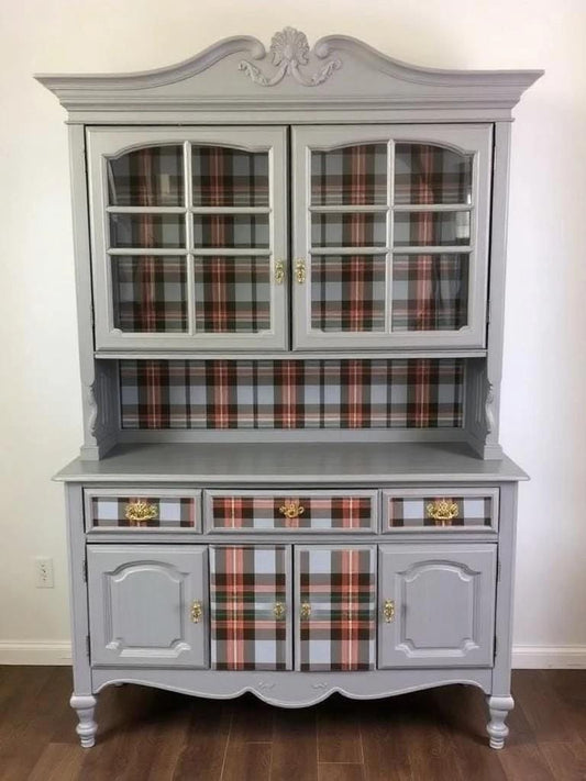 Custom Order Option: Upcycled Antique Sassenach Plaid-Theme Vintage Furniture Set- Buffet China Hutch Dining Scottish Highlands Clan Tartan