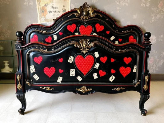 Custom Order Option: Upcycled Antique Retro Hearts Playing Cards-Themed Vintage Bedroom Furniture Set- Bedframe Headboard Set Home Decor