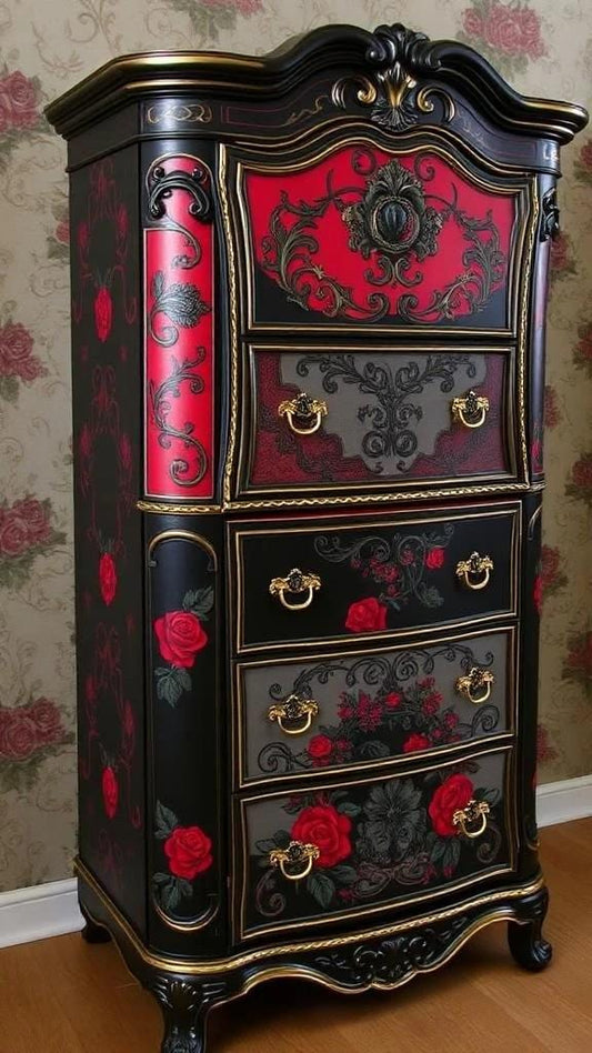 Custom Order Option: Upcycled Antique Retro Dark Gothic Rose-Themed Vintage Bedroom Furniture Set- Tall Dresser Drawers Home Decor
