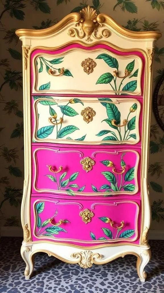 Custom Order Option: Upcycled Antique Retro Pink Tropical Leopard-Themed Vintage Bedroom Furniture Set- Tall Dresser Drawers Home Decor