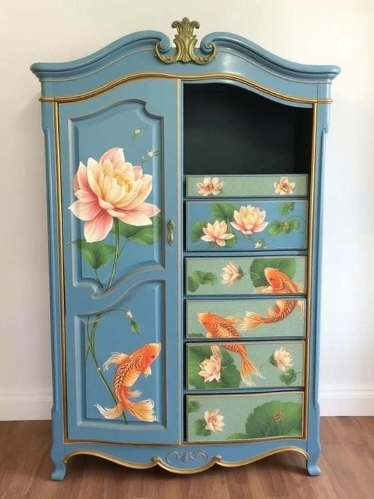 Custom Order Option: Upcycled Antique Retro Blue Lotus Flower & Koi Fish-Themed Vintage Bedroom Furniture Set- Wardrobe Armoire Home Decor