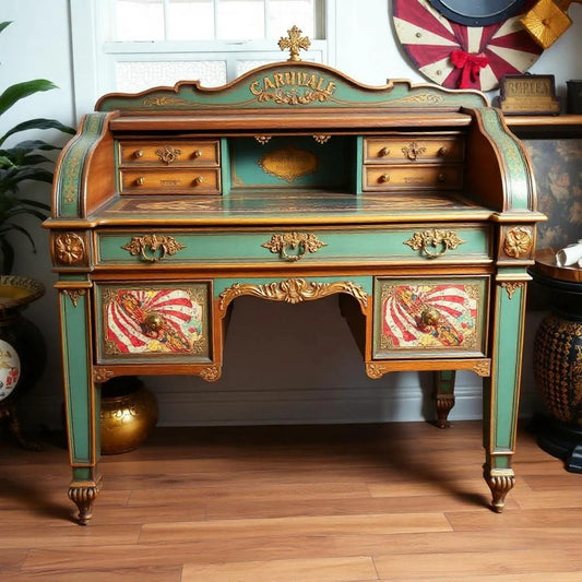 Custom Order Option: Upcycled Antique Rolltop Writer's Desk Retro Red Vintage Carnival Circus Clown Core Big-Top Art Home Study Office Decor