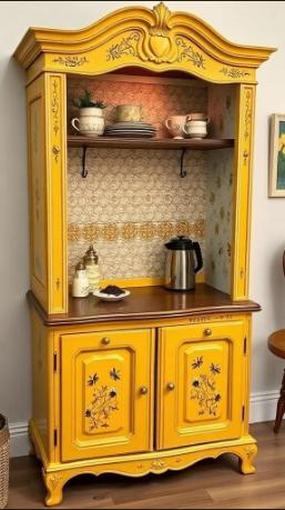 Custom Order Option: Antique Upcycled Armoire Coffee Hutch Tea Nook Beverage Bar Java Station Storage Dining Room Cabinet - Yellow