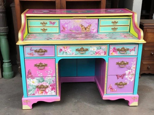 Custom Order Option: Antique Rolltop Writer's Desk Retro Neon Butterflies-Themed Art Upcycled Vintage Receptionist Home Study Office Decor
