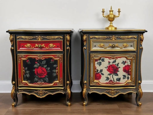 Custom Order Option: Upcycled Antique Retro Dark Gothic Rose-Themed Vintage Bedroom Furniture Set- Pair of 2 Nightstands Home Decor