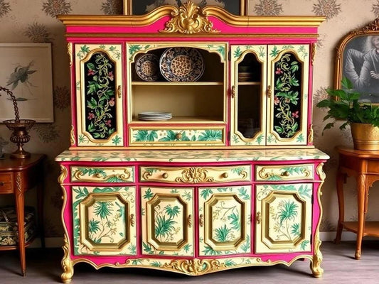 Custom Order Option: Upcycled Antique Retro Pink Tropical Leopard-Theme Vintage Furniture Set- Buffet China Hutch Dining Room Home Decor