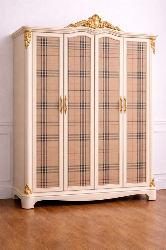 Decorative cabinet with plaid glass panels and gold accents on a wooden floor. Upcycled Antique Tan Plaid Tartan Wardrobe Armoire \| La Vie Nouveau Décor Shoppe
