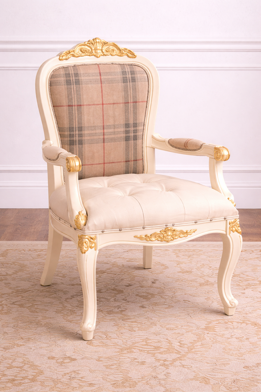 Custom Order Option: Upcycled Antique Tan Plaid Check Tartan Art Vintage Bedroom Furniture Set- Accent Chair