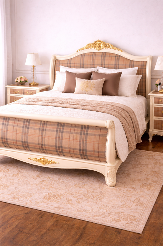 Decorative bedroom with a plaid bedspread and gold accents. Upcycled Antique Tan Plaid Tartan Bedframe Headboard \| La Vie Nouveau Décor Shoppe