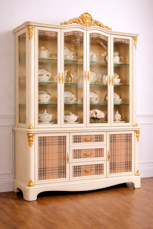 Custom Order Option: Upcycled Antique Tan Plaid Check Tartan-Theme Vintage Furniture Set- Buffet China Hutch Dining Room Retro Home Décor