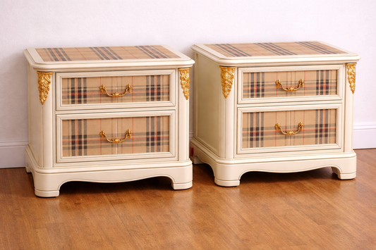 Two cream-colored nightstands with plaid patterns and gold handles on a wooden floor. Upcycled Antique Tan Plaid Tartan Nightstands \| La Vie Nouveau Décor Shoppe