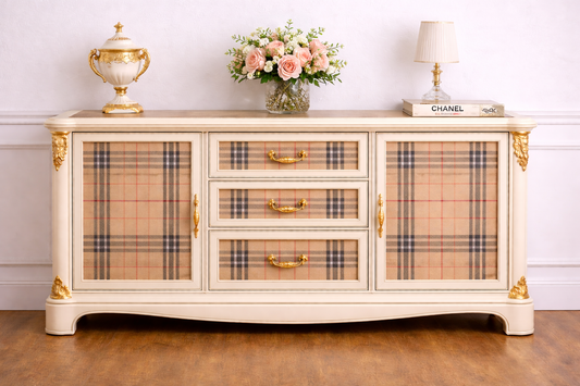 Custom Order Option: Upcycled Antique Tan Plaid Check Tartan-Themed Vintage Furniture Set- Side Buffet Dining Room Storage Retro Home Décor