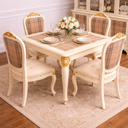 Custom Order Option: Upcycled Antique Retro Tan Plaid Check Tartan Table + Chairs Set Vintage Home Décor