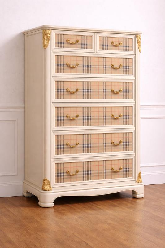 White dresser with plaid patterned drawers against a white wall. Upcycled Antique Tan Plaid Tartan Tall Dresser \| La Vie Nouveau Décor Shoppe