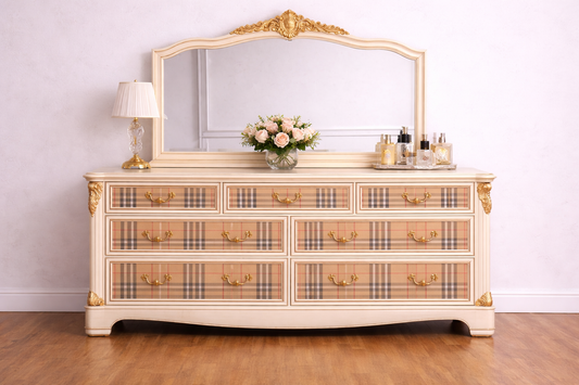 Decorative dresser with plaid pattern and gold accents in a room setting. Upcycled Antique Tan Plaid Tartan Wide Dresser \| La Vie Nouveau Décor Shoppe