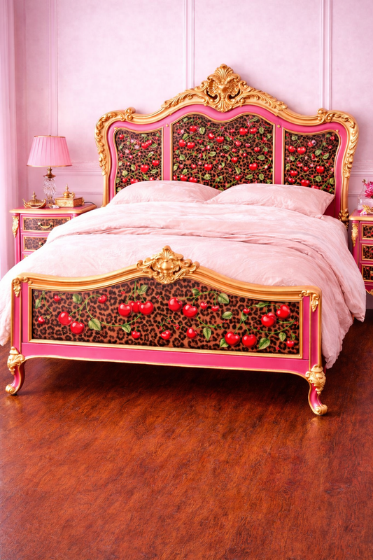 Decorative bed with floral and fruit pattern in a bedroom setting. Upcycled Antique Cherry Cheetah Bedframe Headboard \| La Vie Nouveau Décor Shoppe