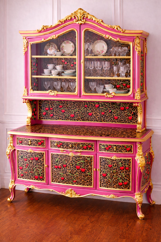 Custom Order Option: Upcycled Antique Cherry Cheetah -Theme Vintage Furniture Set- Buffet China Hutch Dining Room Retro Home Décor