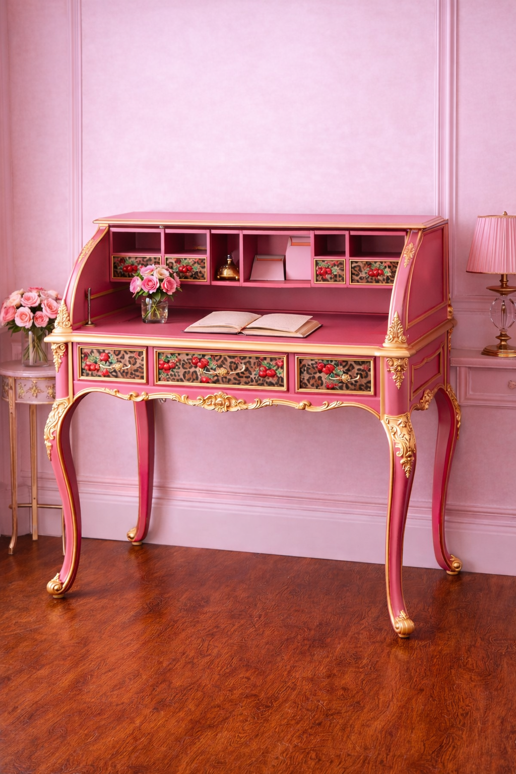 Custom Order Option: Upcycled Antique Rolltop Writer's Desk Cherry Cheetah Retro Home Office Décor