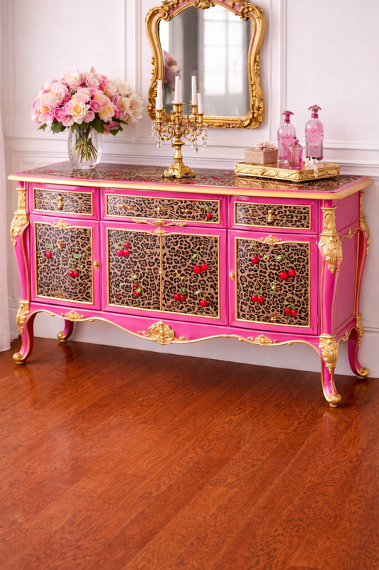Custom Order Option: Upcycled Antique Cherry Cheetah-Themed Vintage Furniture Set- Side Buffet Dining Room Storage Retro Home Décor