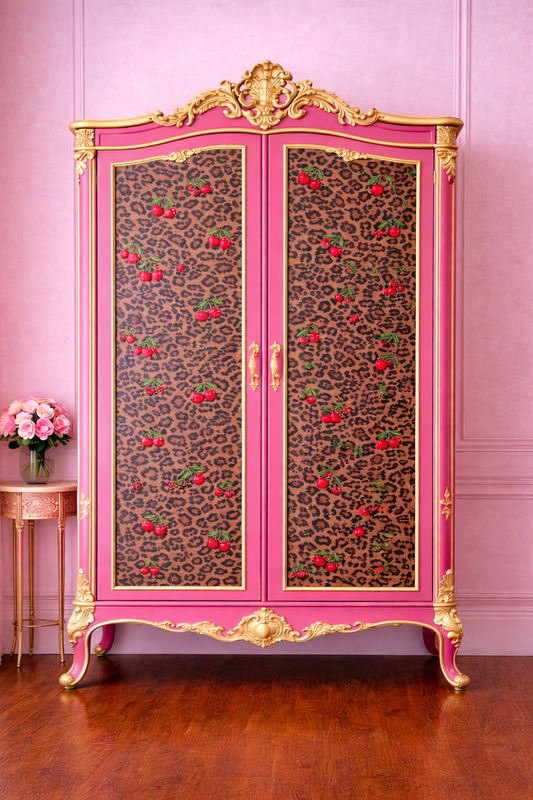 Pink wardrobe with gold accents and leopard print design in a room with pink walls. Upcycled Antique Cherry Cheetah Wardrobe Armoire \| La Vie Nouveau Décor Shoppe