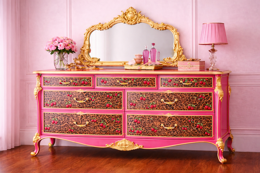 Pink dresser with gold accents and decorative mirror against a pink wall. Upcycled Antique Cherry Cheetah Wide Dresser \| La Vie Nouveau Décor Shoppe