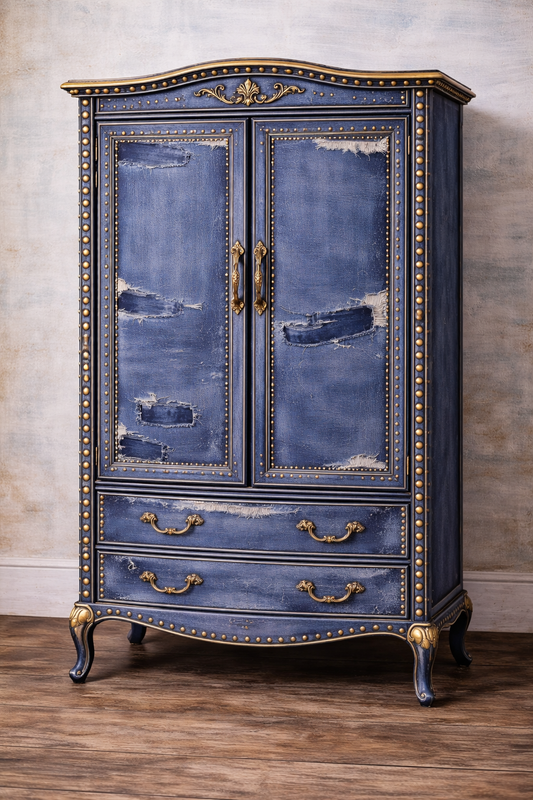 Decorative blue cabinet with gold accents on a wooden floor. Upcycled Antique Torn Denim Wardrobe Armoire \| La Vie Nouveau Décor Shoppe