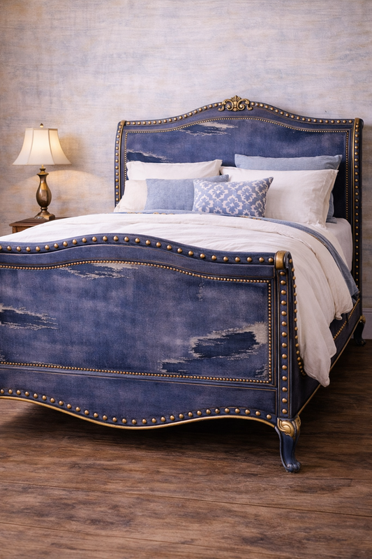 Blue upholstered bed with gold accents in a bedroom setting. Upcycled Antique Torn Denim Bedframe Headboard \| La Vie Nouveau Décor Shoppe