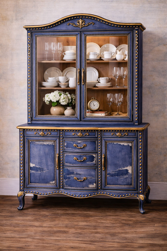 Custom Order Option: Upcycled Antique Torn Denim -Theme Vintage Furniture Set- Buffet China Hutch Dining Room Retro Home Décor